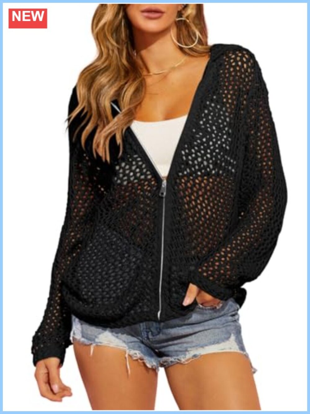 Crochet Lightweight Hooded Cardigan Zip Up Boho Sweater Beach Coverup